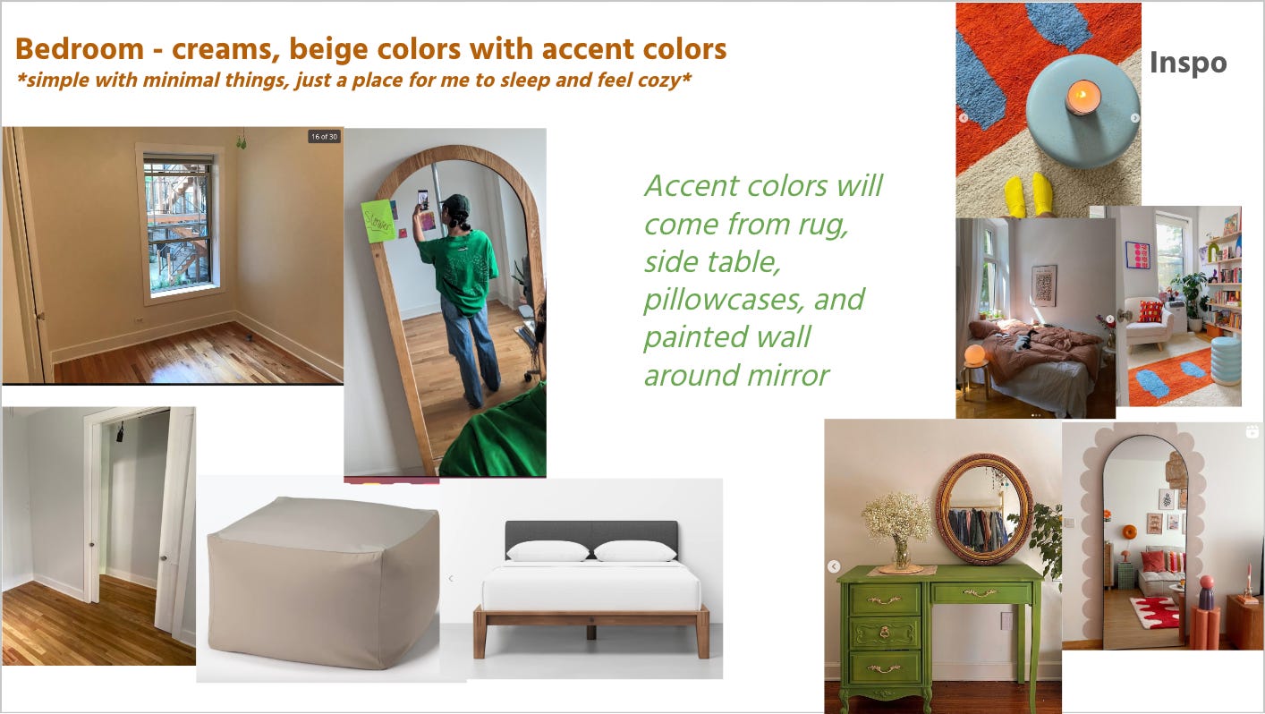 a screenshot of a moodboard from Google Slides that shows images of colorful furniture like an orange and blue fuzzy rug. There are also images of neutral colored furniture next to photos of Nathalie's bedroom