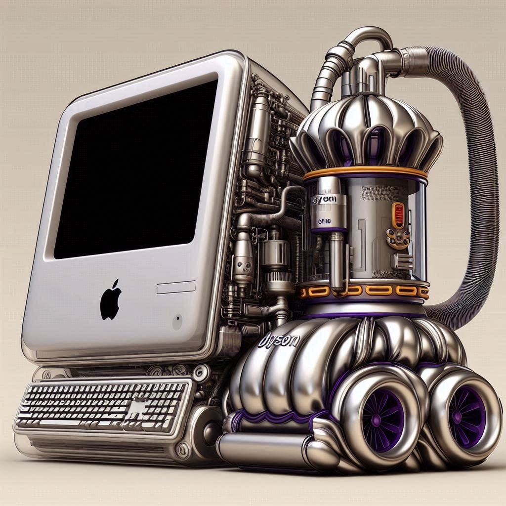 A computer that looks like but isn't the old iMac G3, the Dyson DC01 vacuum and the whimsical idea that somehow, combined together these two historic devices, and their incredible industrial design are able to provide energy and power to an entire datacentre.