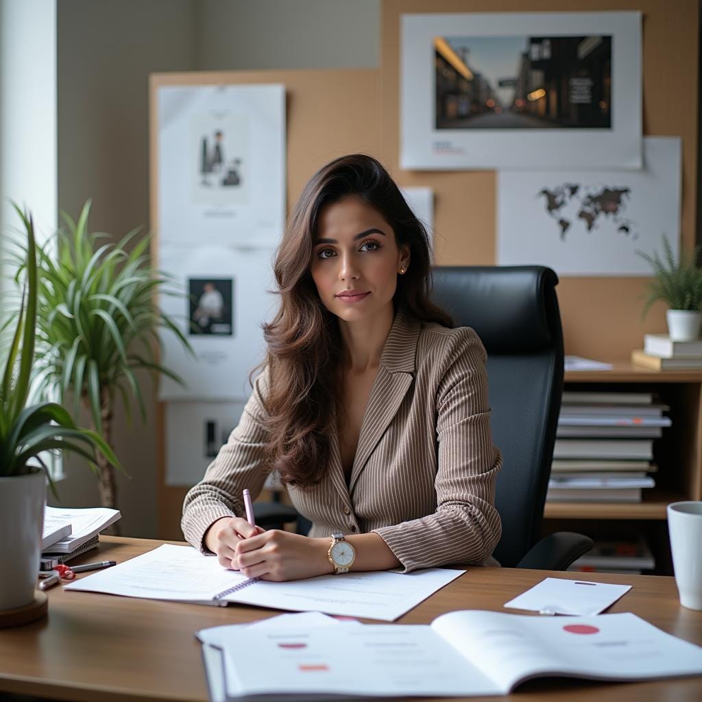 A young professional woman sits at her desk, writing in a notebook, she is wearing a striped blazer and a gold watch