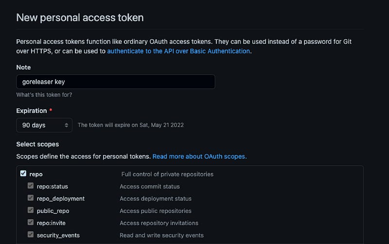 Github personal access token screen