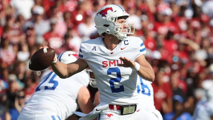 Sep 9, 2023; Norman, Oklahoma, USA;  Southern Methodist Mustangs quarterback Preston Stone (2) throws during the first quarter against the Oklahoma Sooners at Gaylord Family-Oklahoma Memorial Stadium. Mandatory Credit: Kevin Jairaj-USA TODAY Sports