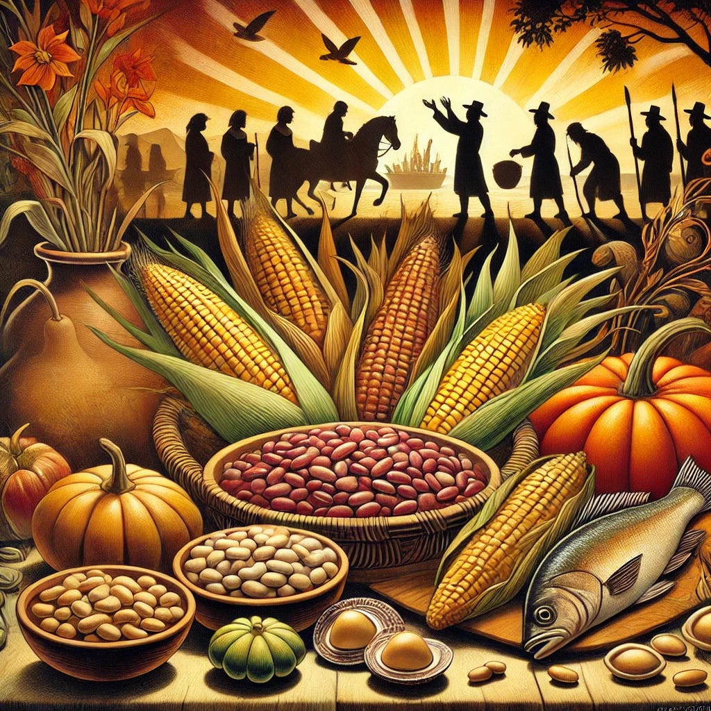 A Latin American art style image inspired by Gregorio Cienfuegos, focusing on dishes featuring beans, corn, squash, amaranth, fish, and shellfish as the centerpiece. The food is arranged in rustic, earthy bowls in the foreground, with warm and vibrant tones highlighting their richness. In the background, shadowy figures of Native Americans and Pilgrims appear in conversation, subtly depicted to emphasize cultural exchange without overpowering the focus on the food. The setting is autumnal, with a glowing sunset, native crops, and rustic elements. The artwork uses dynamic lines and earthy colors to evoke themes of survival, generosity, and collaboration.