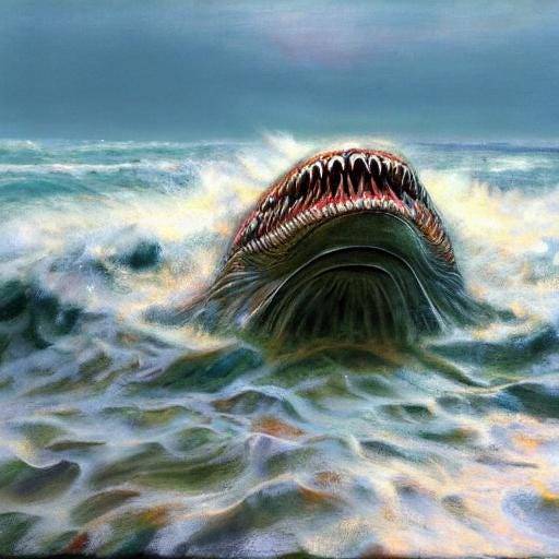 AI generated image of primordial life form emerging from the sea