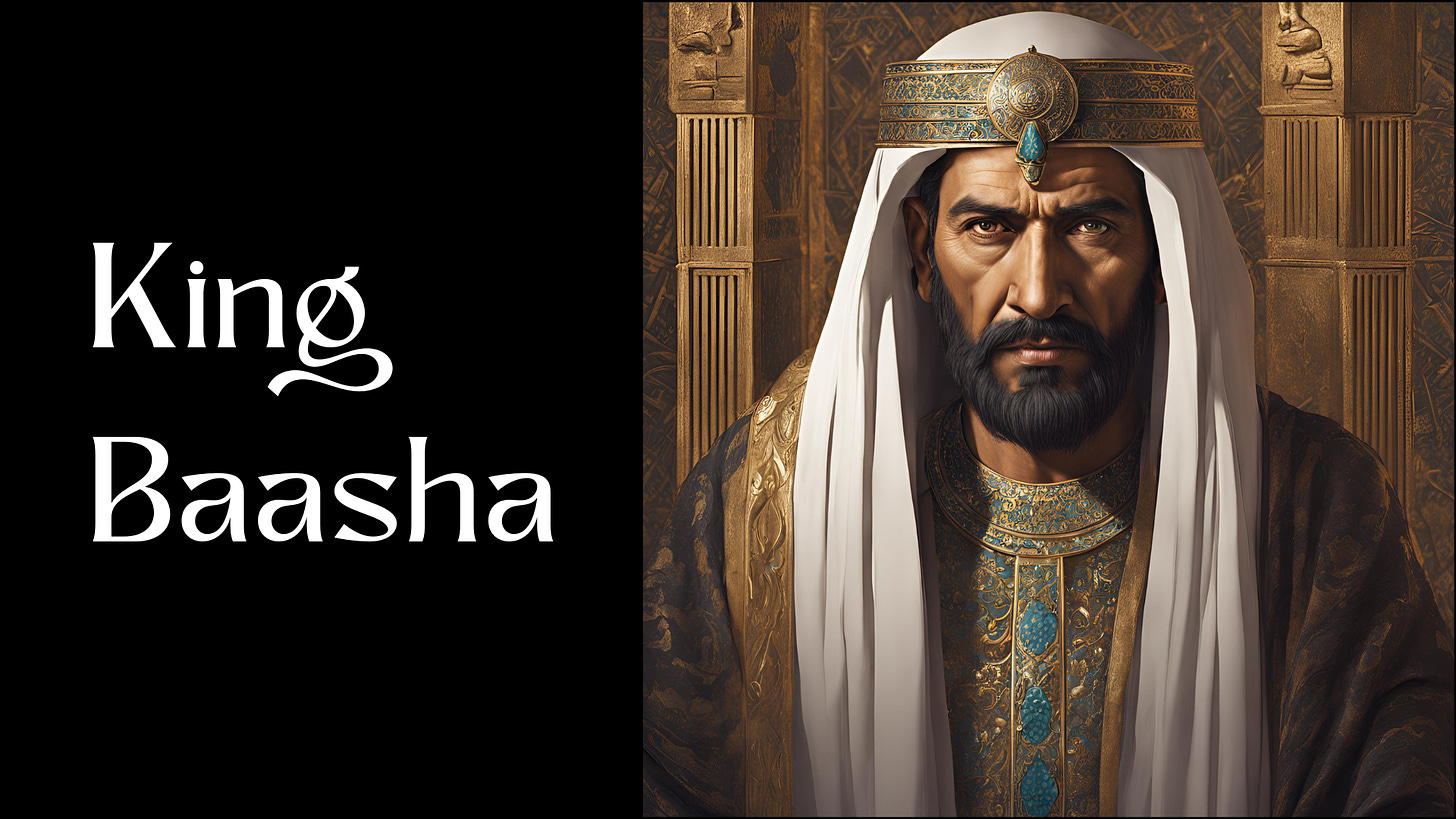 A ancient middle eastern king next to the words, "King Baasha."