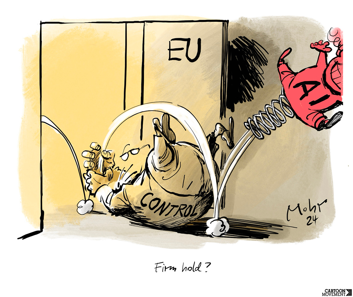 Cartoon showing AI as a Jack-in-the-box bouncing through a door labeled 'EU'. A civil servant labeled 'control' is diving for the 'Jack-in-the-box', but it slips through his hands.