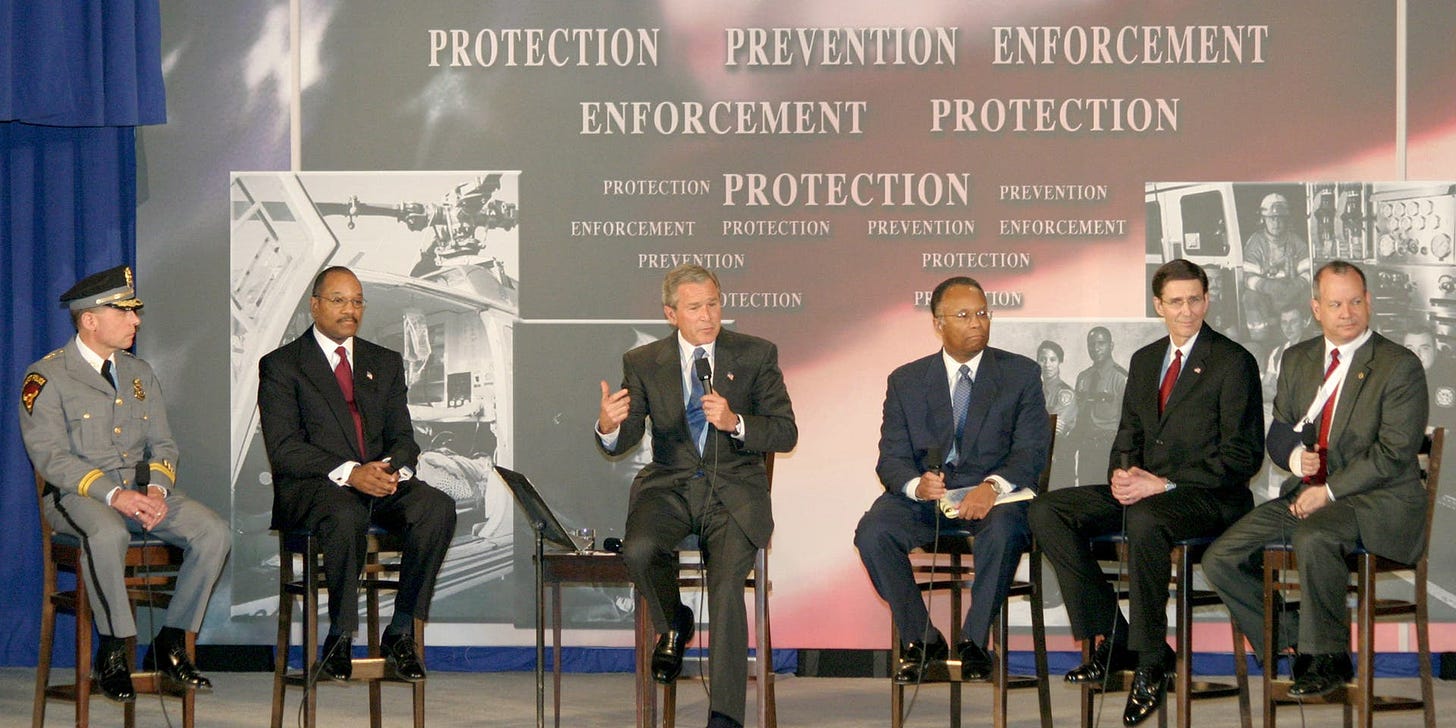 President George W. Bush - USA Patriot Act Conversation - April 20, 2004President George W. Bush spoke alongside a local panel of John Moslow of the Amherst Police Department, Mike Battle, Larry Thompson, Jim McMahon and Peter Ahearn regarding the USA Patriot Act on April 20, 2004 in Buffalo, New York. (Photo by Marc Andrew Deley/FilmMagic)