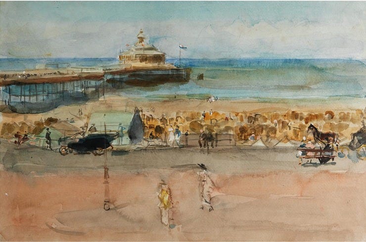 'Zonnige dag op het Scheveningse strand' - aquarel: Isaac Israels (herkomst: Hampel Kunstauktionen, München, veiling 22 september 2022, lotnr 716)