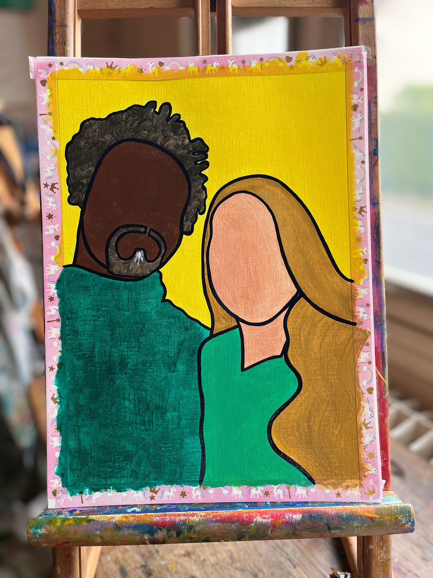 An oil painting of a mixed couple faceless portrait on an easel