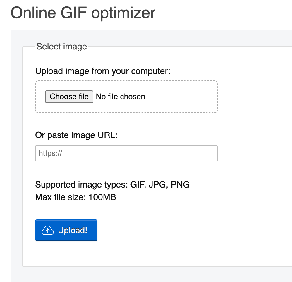 Online GIF optimiser form - select image or paste image URL