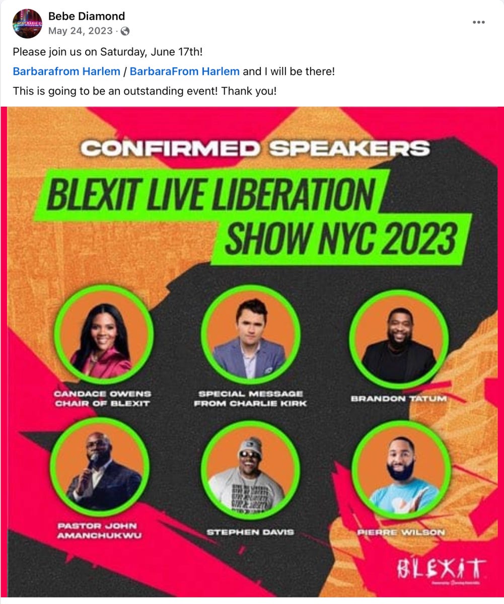 Bebe diamond promoted Charlie Kirk's Blexit event