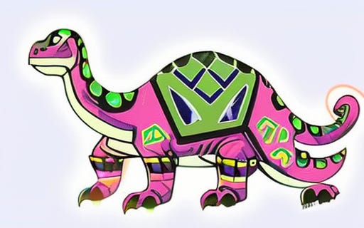 Stylized rendition of a long-neck dinosaur with pink skin and colorful green, black, yellow, and purple dots and stripes