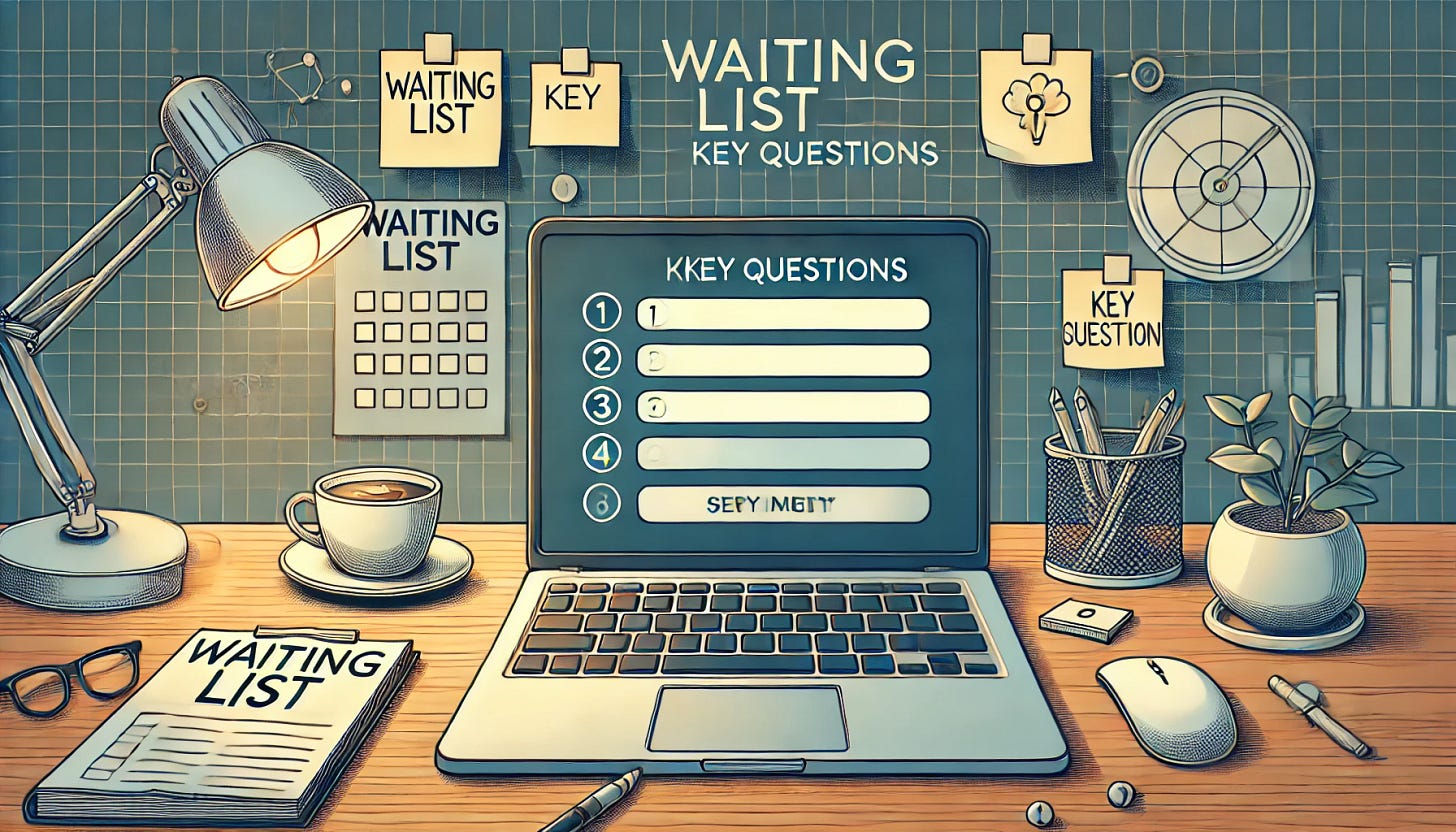A horizontal illustration of a modern, professional workspace where a laptop displays a waiting list form with key questions on the screen. The setting includes a clean desk, a cup of coffee, and sticky notes with brainstorming ideas, symbolizing planning and strategy. The atmosphere is inviting, organized, and forward-thinking, reflecting a business-oriented approach to gathering customer insights for future offerings. Emphasize clarity and professionalism in the design.