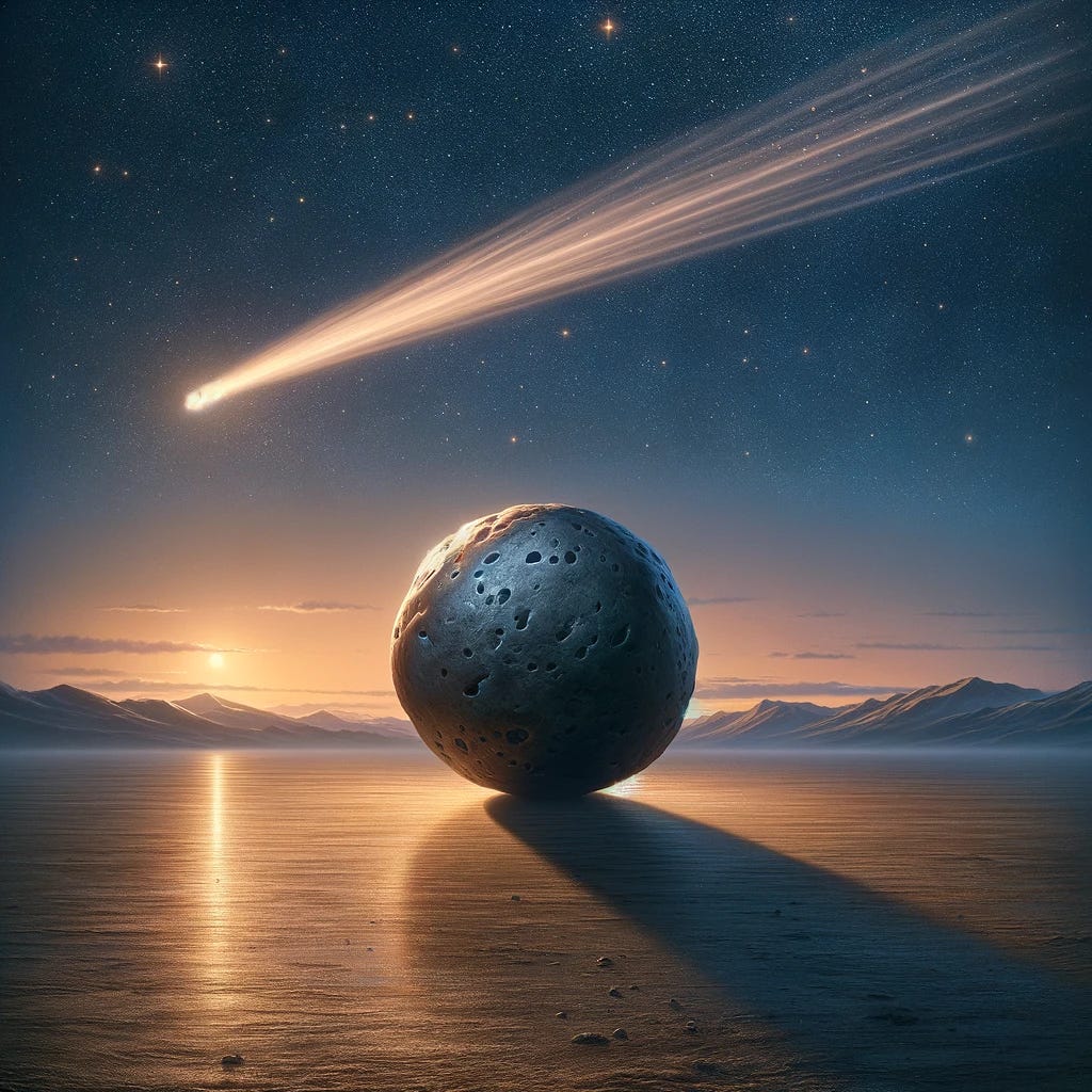 Illustrate a visual metaphor for Newton's First Law of Motion, often summarized as 'an object at rest stays at rest and an object in motion stays in motion with the same speed and in the same direction unless acted upon by an unbalanced force.' The image should feature a serene, untouched landscape with a perfectly smooth, spherical boulder sitting motionless on flat ground, symbolizing an object at rest. In contrast, include a comet streaking across a clear, star-filled night sky, representing an object in motion. The comet, with its long, glowing tail, moves undisturbed through the vastness of space, illustrating the concept of inertia and continuous motion unless acted upon by an external force. This juxtaposition between the still boulder and the moving comet should capture the essence of Newton's First Law.