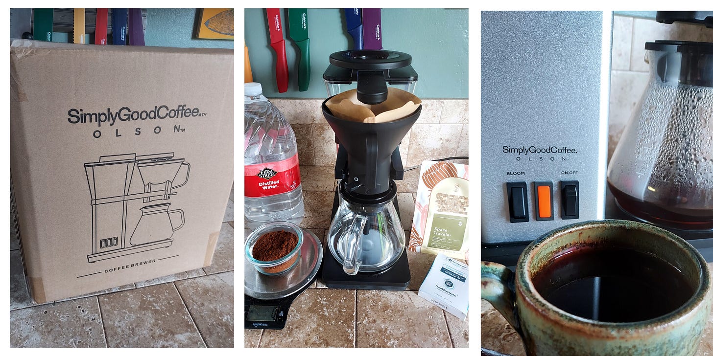 From Left: Cardboard box on a kitchen countertop with an illustration of the coffee brewer inside. Middle: A straight view of the assembled brewer with an empty carafe below a filter basket with brown filter. Ground coffee and distilled water are on the left and a bag of coffee beans and a box of water mineral packs are on the right. Right: A close-up of the brewer buttons and heating plate indicator light.
