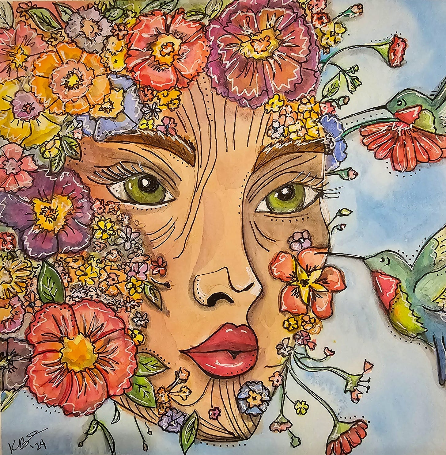 A large woman's face surrounded by flowers and a hummingbird.