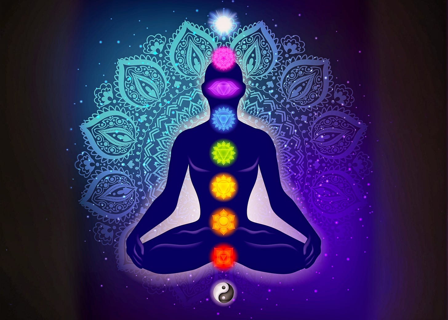 Illustration. Meditating human in lotus pose. Colorful 9 chakras and aura glow. Mandala background.