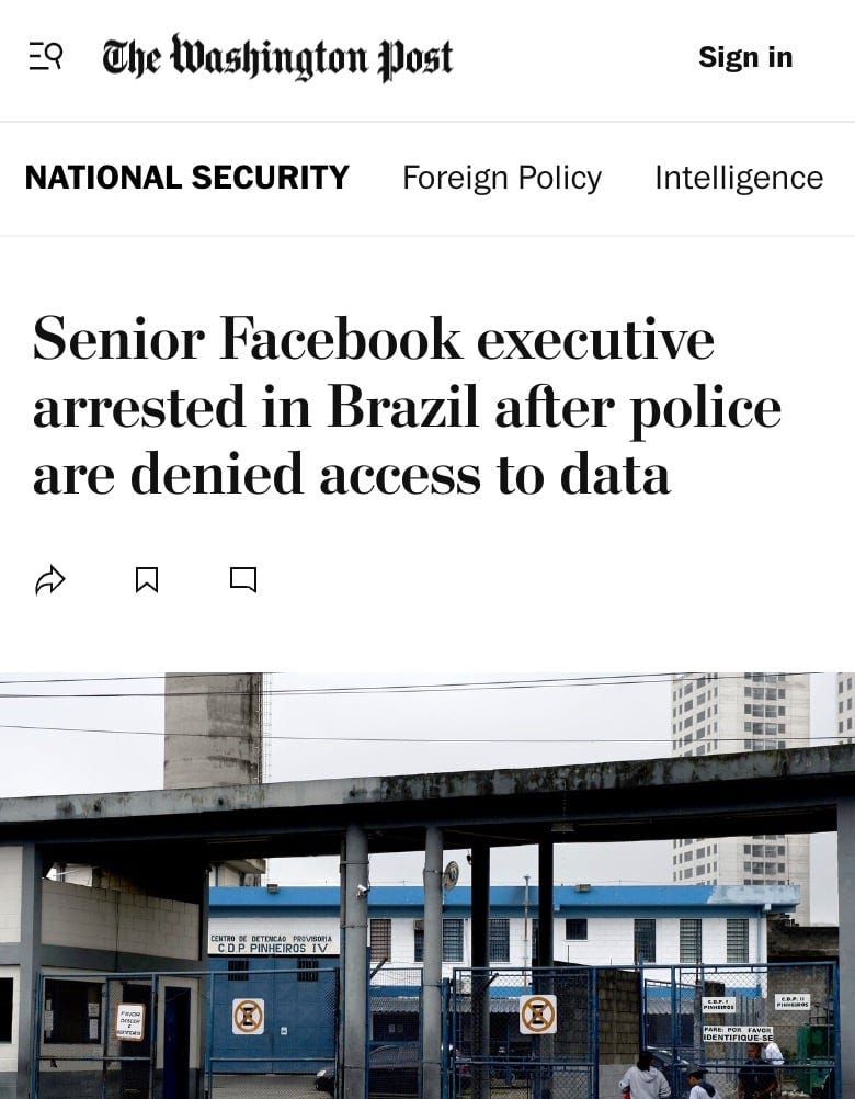 A screenshot of a Washington Post 2016 article titled, "Senior Facebook executive arrested in Brazil after police are denied access to data."