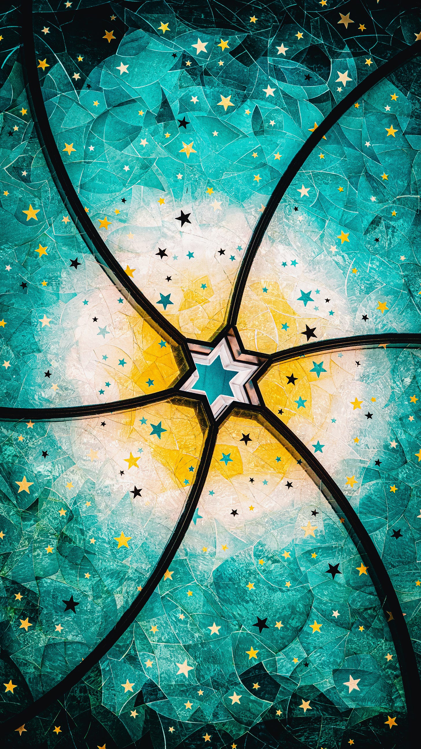Tourquoise Jewish star, framed in white, outlined in black. Lines pointing from each star point. Against a colorful, patterned background of yellow, cream, tourquoise, and black, with five pointed yellow stars dotted through out.
