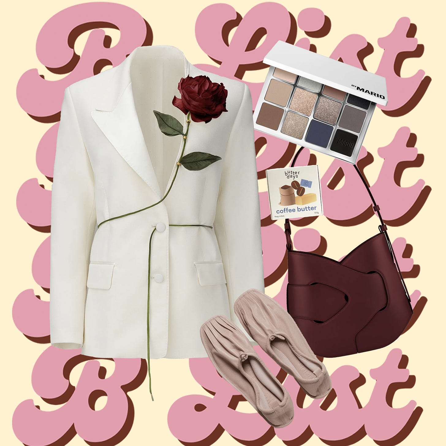 Images of a Seen Users blazer, Makeup by Mario eyeshadow palette, Butter Days butter, Polene handbag and Hereu flats.