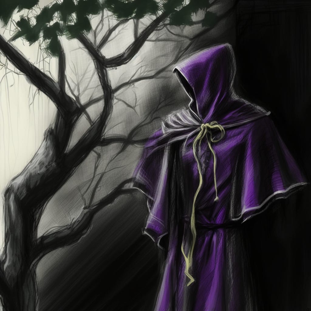 The purple-and-gold robe of Polmos, goddess of life and death, beside a tree with spider webs between some branches.