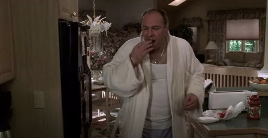 Image of tony soprano eating meat out of his fridge, captioned "photo of the author" as a joke.