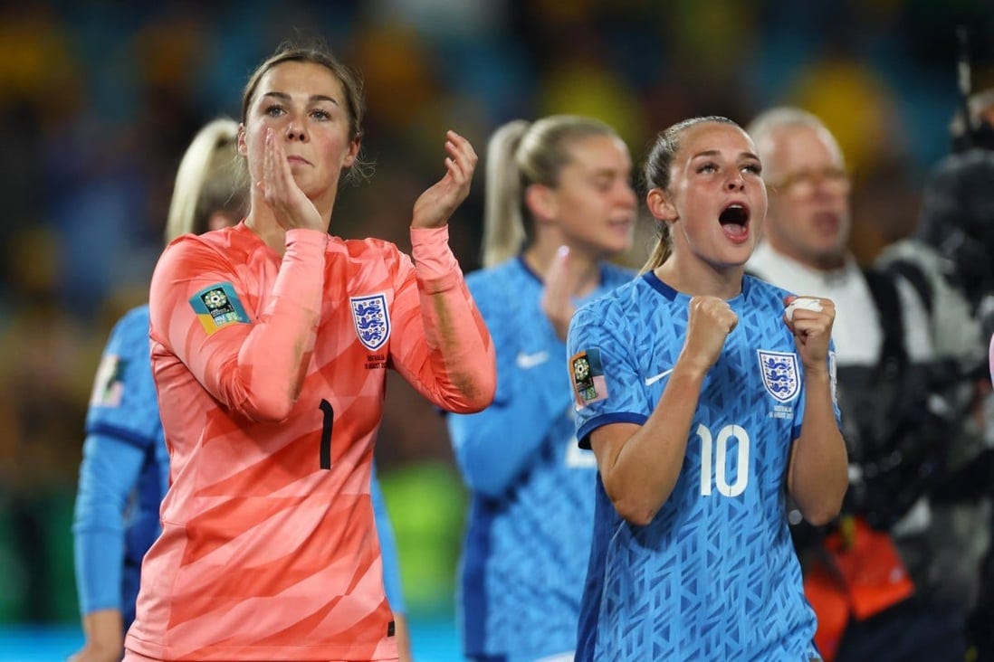 England’s Mary Earps and Ella Toone celebrate after the match as England progress to the final of the World Cup. Photo: Reuters