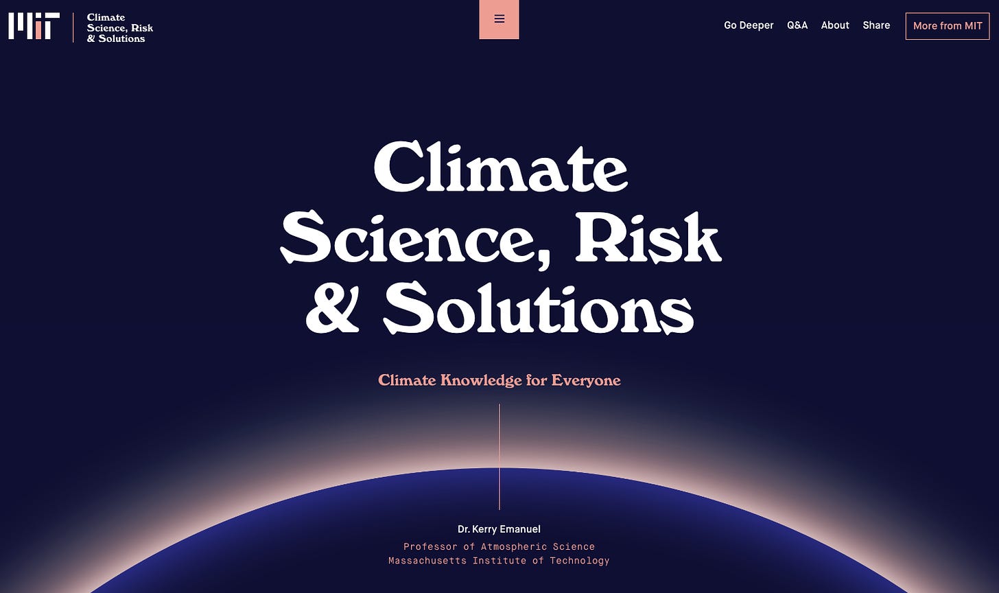 screenshot of Digital Climate Primer webpage. Title reads Climate Science, Risk and Solutions. Climate Knowledge for Everyone. Dr. Kerry Emanuel