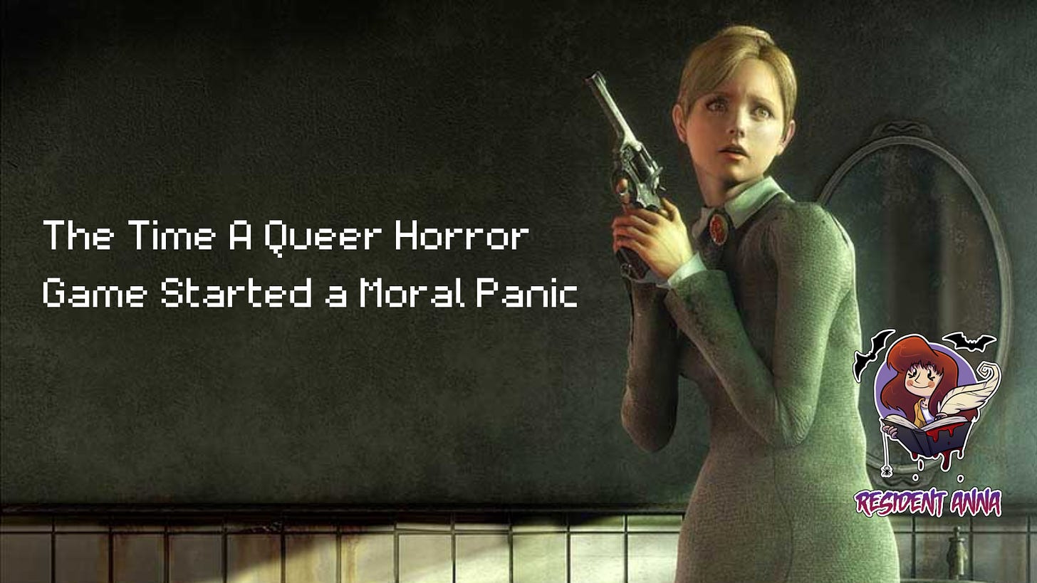 The title card for the article, featuring a picture of Jennifer from Rule of Rose, posing with a gun. The title: The Time A Queer Horror Game Started a Moral Panic is overlayed on the picture in white text to the left side.