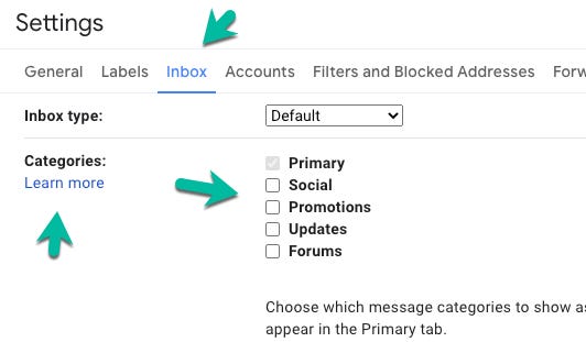 Add or remove inbox categories & tabs in Gmail - VCFA