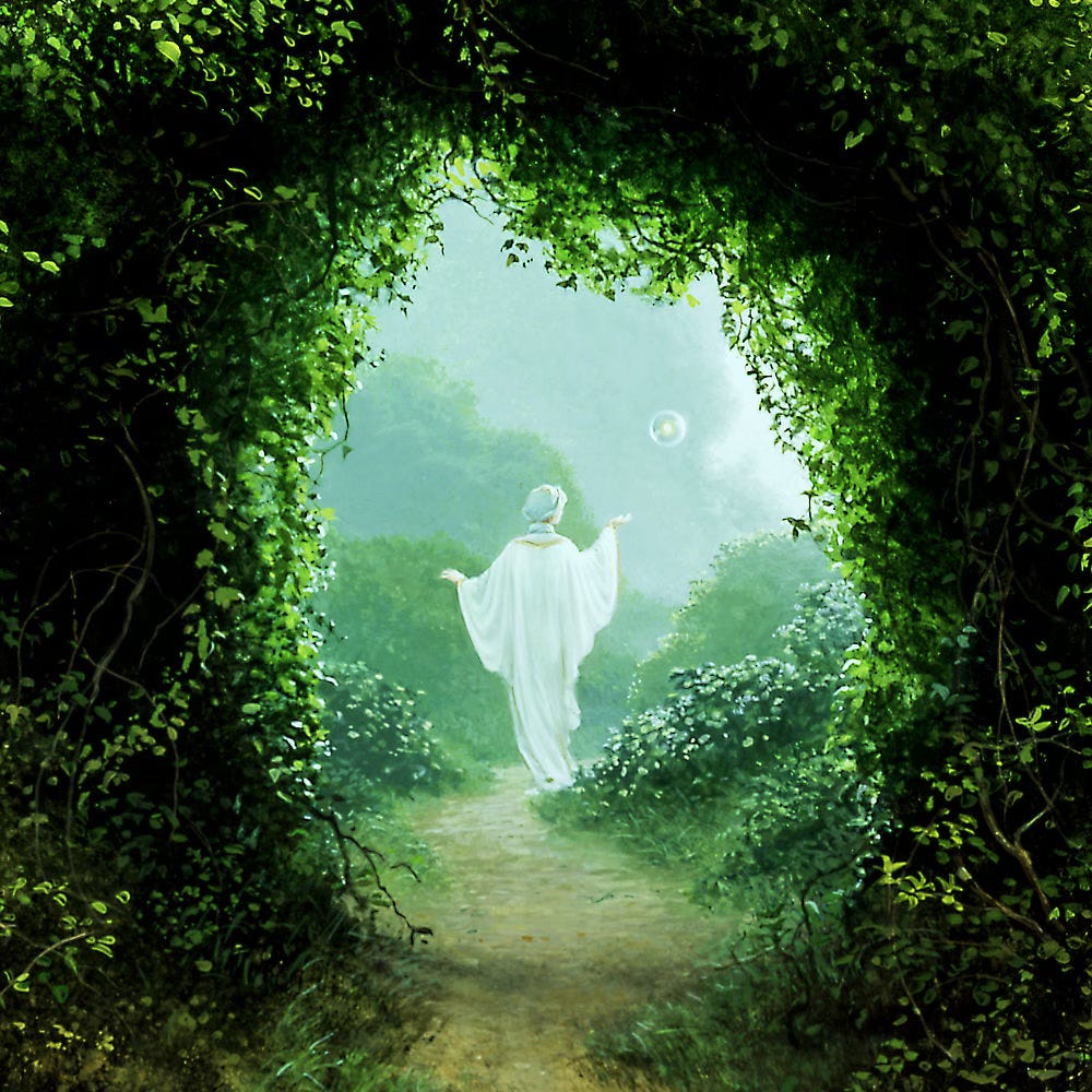 Detail of the opening through an overgrown leafy arch. The uneven oval frames a woman standing on the winding path. Wearing white robes that drape down creating a ghostly contour, she raises her arm above her shoulder, gesturing palm up toward a flame inside a transparent sphere that floats ahead of her on the path. 