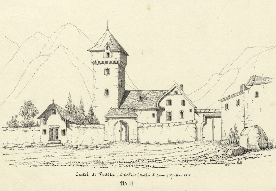 Dibuix de 1878-1881 de Maurice Gourdon on es reflecteix el castell de la família Portolà a la Vall d’Aran, Lleida, Catalunya.