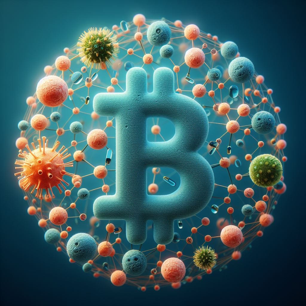 Células biológicas interconectadas formando el icono de la B de bitcoin