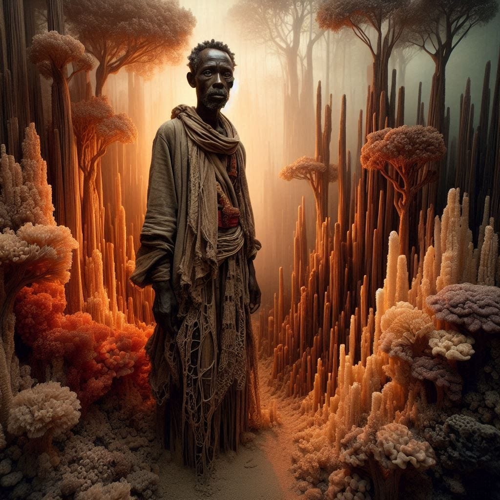 inside piercing air among trees; tiltshift/ 5d angle glass embedded Carla caves / Broken into fragments/ pieces Rwandan man in traditional garb / leaning toward camera/ his house, glowing,  is a large coral plant underwater / olive,ivory, chartrues, lace made of black water in resin/ love. coral orange, pink, cream, olive address/ reverberating waves/ water in resin verdigris/ In the style of Michael Parkes. black etching/ black linework/ 