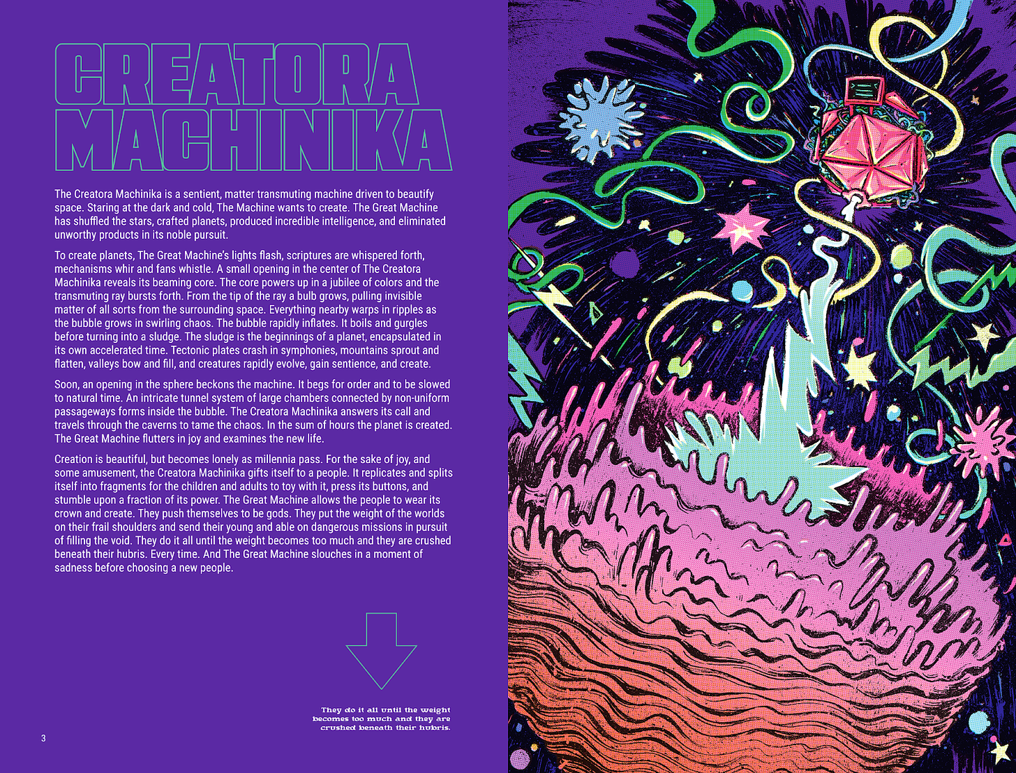 Creatora Machinika spread. Psychedelic space art of the Creatora Machinika, a giant robotic-like structure, building a planet out of wavy space energy.