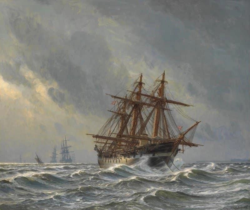 Seascape With Sailing Ships At Anchor During A Storm. In The Foreground The  Danish Frigate Jylland by Mølsted oil painting reproduction for sale