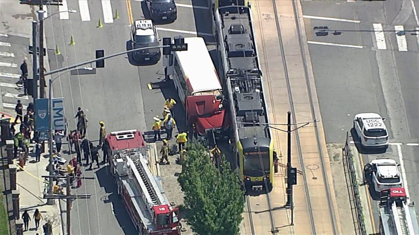 PHOTO: 55 people were injured after a Los Angeles Metro train collided with a USC bus, on April 30, 2024, in Los Angeles.