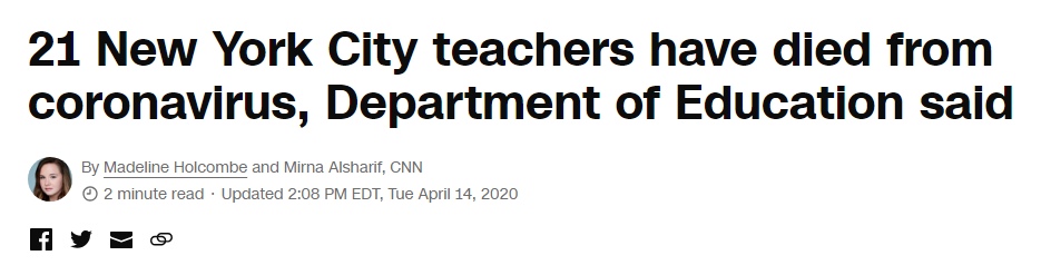 4/14/2020 headline: "21 NYC teachers have died of coronavirus"