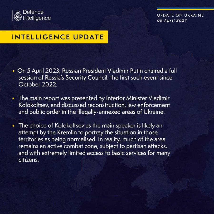Latest Defence Intelligence update on the situation in Ukraine – 9 April 2023 