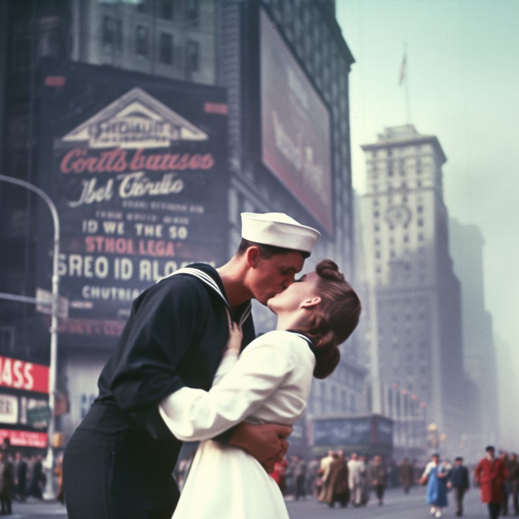 two ai generated images mimicking the iconic image of a sailor kissing a nurse in Times Square after WWII