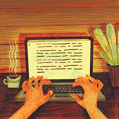 GIF: Ilustração mostrando um notebook em uma escrivaninha, com mãos digitando. De um lado do computador está uma xícara de café e do outro uma plantinha