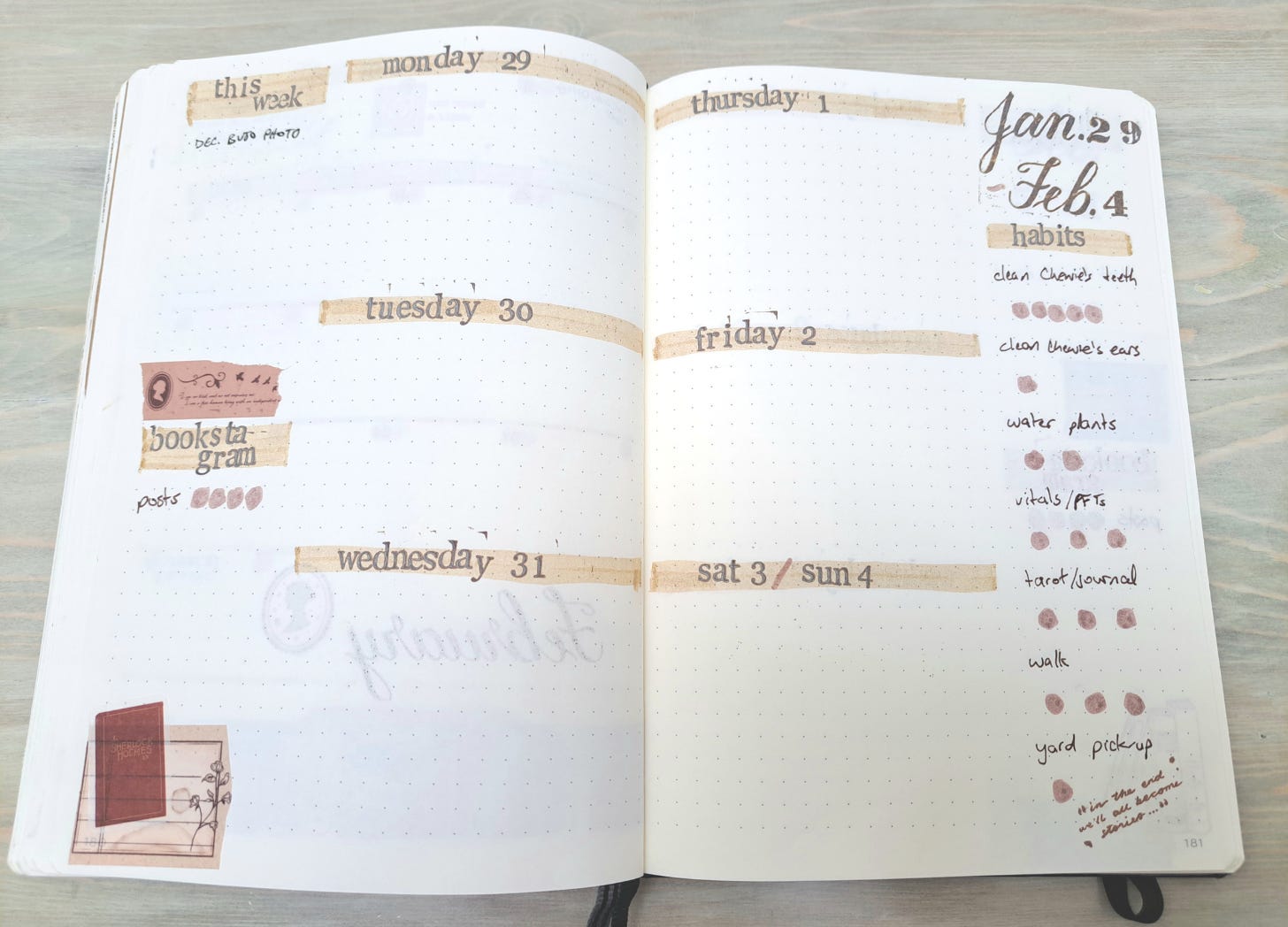 Weekly spread in notebook with days of the week, a to-do list, and a place to track habits.