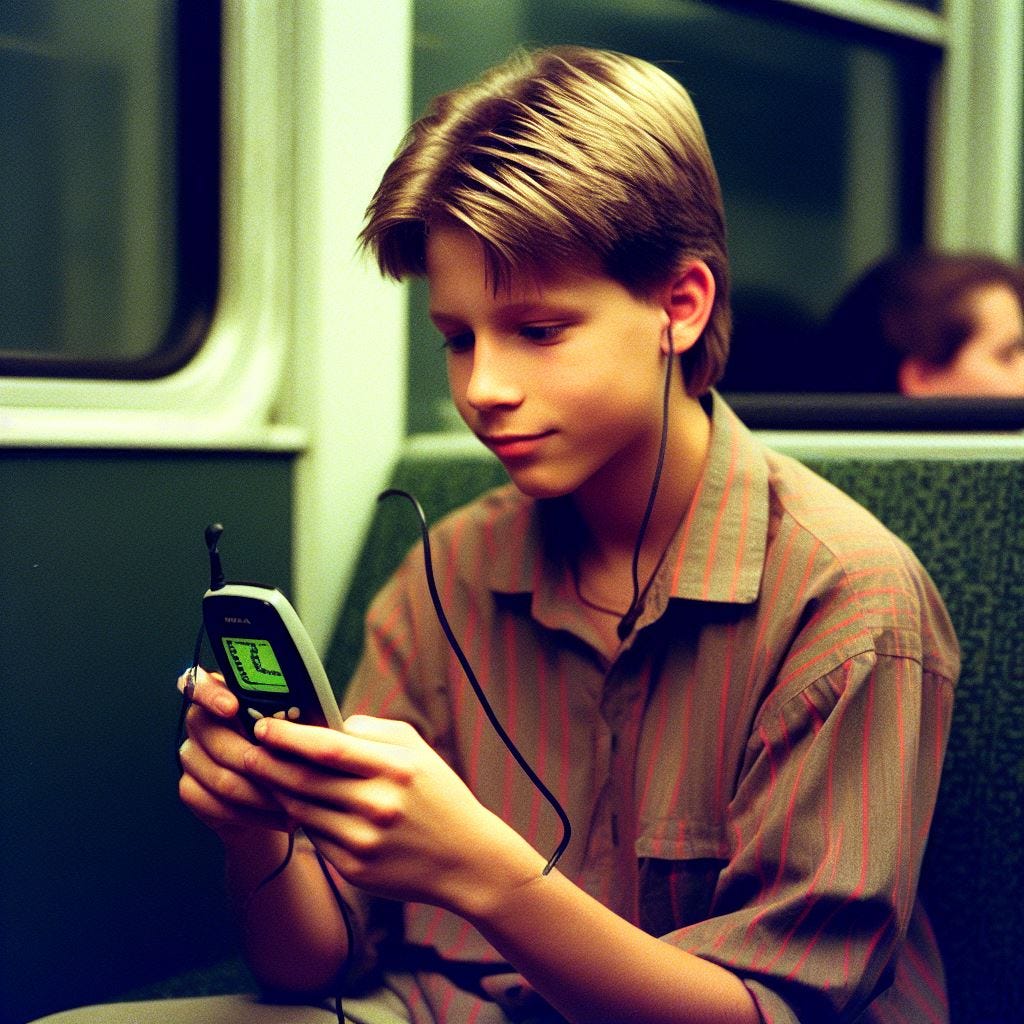 A 16 year old kid, holding a Nokia 3210 mobile phone, playing the snake game on it while sitting on a train in 1999