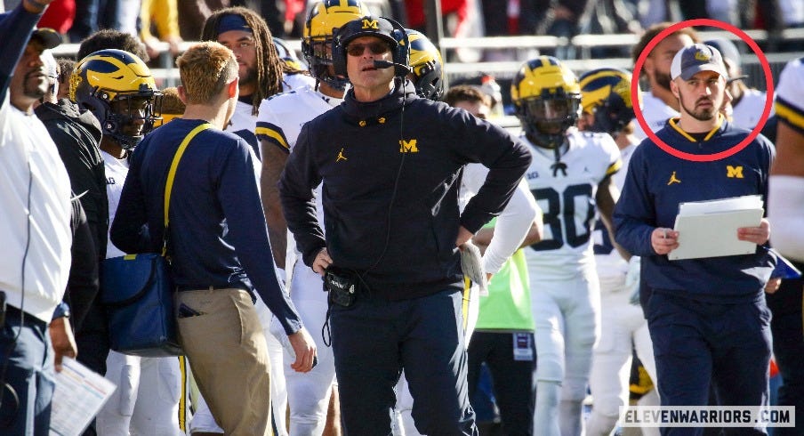 Photos and Videos Show Michigan Staffer Connor Stalions Interacting with Jim  Harbaugh, Coordinators During 2022 Ohio State-Michigan Game | Eleven  Warriors
