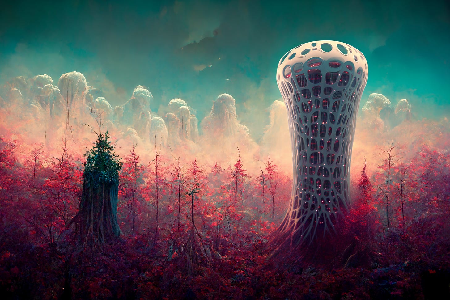 Surreal MJ V3 forest with V5.2 skyscraper inpainted