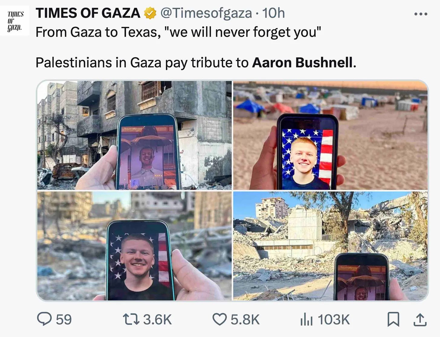 Composite image of cellphones showing Aaron Bushnell backgrounded by the Gazan genocide that he died standing up against.