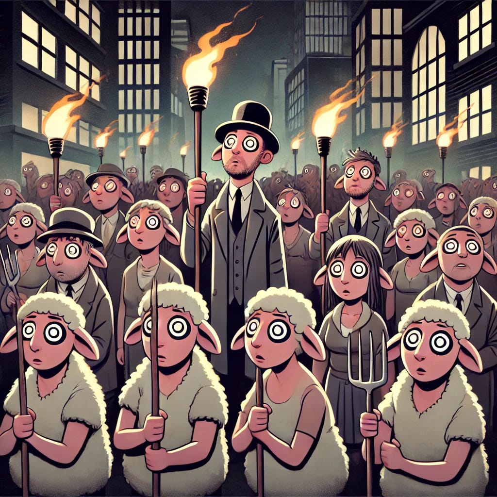 llustration d'un groupe de personnages anthropomorphes avec des caractéristiques de moutons, tenant des torches et des fourches dans une ambiance légèrement dystopique