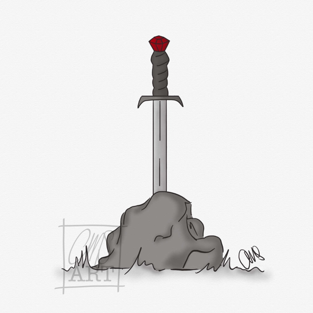 black and white digital drawing of a sword coming out of a stone. the sword itself is simple but has a red ruby on the end of the hilt.