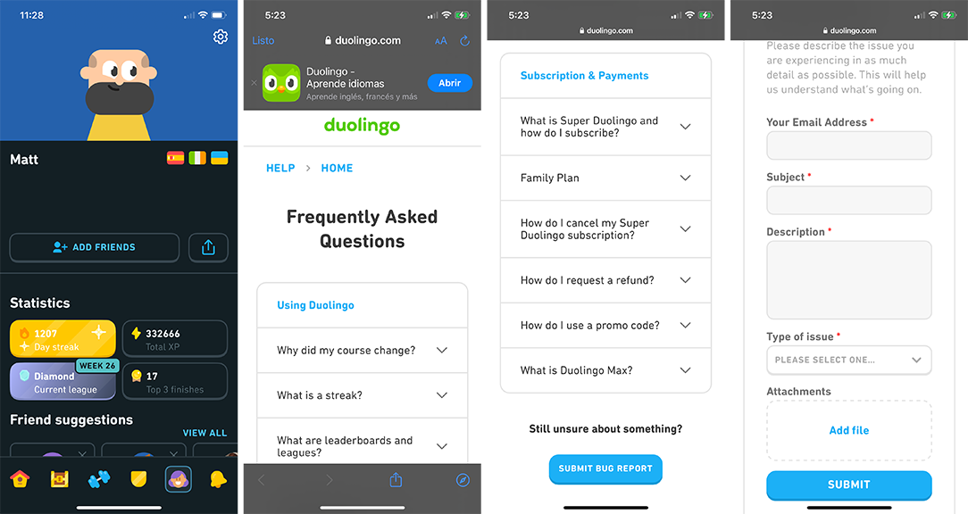 4 screen shots from Duolingo arranges side-by-side, showing the steps to get to the bug report screen.