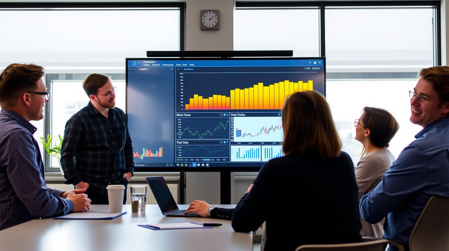 Business meeting with a group of people sitting around a table looking at a large screen displaying financial data