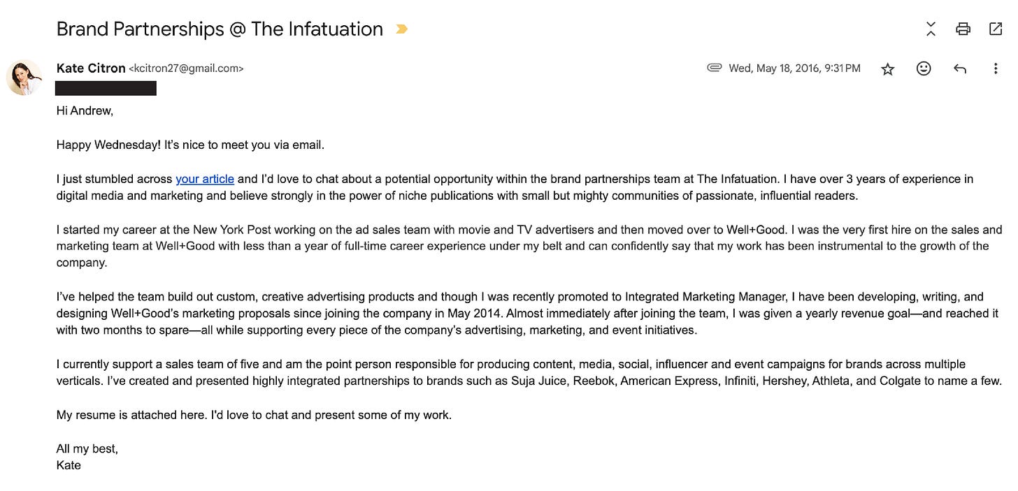 Cold email outreach to The Infatuation